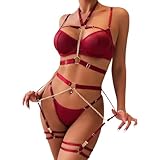 SIEUUOAK Sexy Dessous Damen für Sex, Latex Dessous für Damen, Rot Push up Bügel-BH Lingerie mit G-String und Abnehmbarem Choker Chain, unterwäsche Frauen sexy Set, erotische kostüme für Damen(L)
