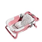 Faltbare Baby-Badewanne für Säuglinge bis Kleinkinder, faltbare tragbare Reisebadewanne mit Kissen und Thermometer und Ablaufloch, Baby-Faltbadewanne für Kleinkinder von 0–36 Monaten (Rosa)