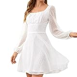 Skaterkleid für Damen Elegantes modisches einfarbiges Jacquard Chiffon-Kleid A-Linien-Kleid mit eckigem Kragen und langen Ärmeln Swingkleid mit hohem Bund und Patchwork Minikleid Party Kleid(L,Weiß)