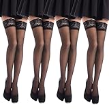 YANINEE 4 Paar Halterlose StrüMpfe Damen Sexy, Schwarzer Mit Spitze StrüMpfe Halterlos, Rutschfestem Stockings Sexy Damen