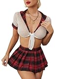NewBull Sexy Cosplay Dessous-Sets für Damen, Schulmädchen Cosplay Kostüm Spitzen Oberteil karierter Minirock freches Nachtwäsche-Outfit (Ror + Weiß)