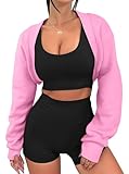 Remidoo Damen Bolero Shrug Sweatshirt Open Front Langarm Crop Top mit Daumenloch, Pink, Small