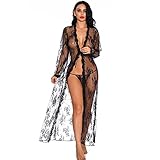 KOEMCY Dessous für Damen Cardigan Robe Sexy Durchsichtig Spitze Morgenmantel Nachtwäsche Durchsichtiges TüLl Mesh Erotische Unterwäsche Cover up (Schwarz,M)