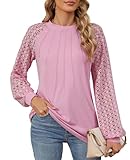 MYCOLORBLUE Damen Tuniken Langarmshirt Rundhals Spitze Langarm Vorne Falten Streetwear T-Shirt Oberteile Rosa XL