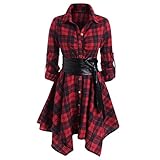 ORANDESIGNE Freizeitkleider Damen Kariertes Kleid V-Ausschnitt Kariert Bluse Hemd Elegant Langarm Taste Irregulär Saum Blusenkleider Longshirt Minikleid Hemdkleid mit PU Gürtel A Rot M