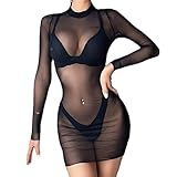 BCHKO Durchsichtiges Blusenkleid Sexy für Damen Minirock mit Langen Ärmeln Bikini Cover Up Halbtransparentes Feines Netz Rundhalsausschnitt Minikleid Netz Shirt Strandkleid Sommertop(Rocklänge 77)