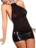 Sxybox Damen Sexy erotische Dessous Transparent Wetlook Minikleid Neckholder Clubwear Bodycon