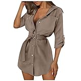 Hemdkleid Damen Elegant Hemdblusenkleid Langarm Blusenkleid Einfarbig V-Ausschnitt Shirt Kleid Bodycon Minikleid Mit GüRtel FrüHling Sommer Blusenkleider Sexy Sommerkleid Kleider Longbluse