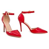 Damen Herren Unisex Pumps mit Knöchelriemen, Schnalle, Stiletto-Absatz, Übergröße 43-46 - 46, rotes Leder, 44 EU
