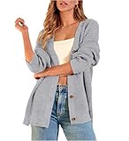 Zeagoo Damen Strickjacke Lang Strick Cardigan Elegant Gerippt Strickwaren mit Knöpfen V-Ausschnitt Open Front Sweater Winter Lockere Strickmantel Hellgrau XXL