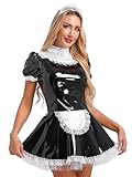 Jhaoyu Damen PVC Maid Kleid Outfits Sissy Maid hochglänzend Sklavenkleid mit Rüschen französische Dienstmädchen Cosplay Kostüme Faschingskostüme Schwarz XXL
