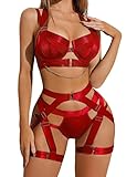 Avidlove Damen Unterwäsche Sexy Reizwäsche Curvy Neckholder Verstellbar Dessous Push Up Lingerie Elegant BH mit Bügel Und Slip Rot L