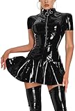 FEOYA Pu Leder Babydoll Dessous Stehkragen One Piece Bodysuit Wet Look Zip Front Skater Minikleid Sexy Jumpsuit Clubwear Stil 08-Schwarz XS=Etikett Nr.M