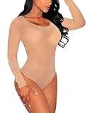 MAYFASEY Damen Langarm Stretch Mesh Durchsichtiger Jumpsuit Body Trikot Club Party Bodycon Tops, Nackt, S