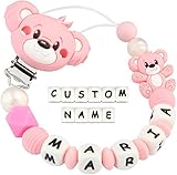 Kowlone Schnullerkette mit Namen Jungen mädchen Personalisiert Teddy Bär Schnuller Clips Halter(Rosa)
