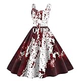 TTNTTR Angebote des Tages Heute Deal Problem Gelöst Print Halloween Kleid Damen Blutflecken Muster Strapskleid Casual Vintage Mittelalter Kleidung Damen Bloody Horror Cocktailkleid Cosplay Partykleid