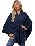 PULI Damen Elegant Poncho Strick Ponchos Capes Vorne öffnen Vielseitige Schalwickel mit Lasche Dunkles Schieferblau