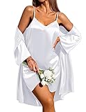 Ekouaer Damen Satin Morgenmantel mit Sexy Nachthemd Zweiteiliger Bademantel Braut Negligee Set Weiß XL