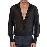 WAZHAKU Herren Langarmhemd aus Durchsichtigem Mesh Unterhemden Muskel See-Through Top Netz T-Shirt Hemd für Party Club Casual Wear Transparentes Hemd Schwarz Herren Durchsichtiges Herrenhemd