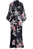 BABEYOND Damen Morgenmantel Maxi Lang Seide Satin Kimono Kleid Pfau Muster Kimono Bademantel Damen Lange Robe Schlafmantel Girl Pajama Party 135cm Lang (schwarz)