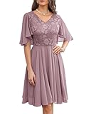 Damen Chiffon Cocktailkleid Knielang Faltensaum Sommerkleid Cape Ärmel Maßgeschneidert A-Linie Hochzeitkleid Elegant Rosa 44