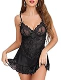 Vlazom Damen Babydoll Dessous Sexy Spitze Negligee V-Ausschnitt Nachtwäsche Kleid mit G-String（XXL，Schwarz）