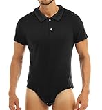 iEFiEL Herren Overall mit Kent Kragen Kurzarm Poloshirt Hemd Bodysuit mit Druckknöpfe im Schritt Männer Sportbody Tops Clubwear (XX-Large, Schwarz)