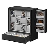 SONGMICS Uhrenbox 12 Fächer, Uhrenkasten mit Fenster, Uhren-Präsentation, Massivholzfurnier, Samtfutter, vertikale Aufbewahrung, platzsparend, Geschenkidee, ebenholzschwarz JOW014B01