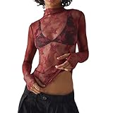 Damen Langarm Mesh Layering Top Mock Neck Sheer Floral Spitze Shirts Sexy Durchsichtig Bluse Tops Slim Fit See-Through T-Shirt Party Clubwear (Weinrot, M)