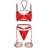 Telooco Gothic Leder Dessous Set Sexy Unterwäsche für Frau Kunstleder Dessous Damen Sexy Unterwäsche Verstellbare Strapse Bodysuit Korsett Outfit für Halloween Weihnachten Karneval (Rot, M)