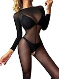 Mingnos Erotische Bodystockings für Damen Langarm Catsuit Ouvert Ganzkörper Strumpfhose Sexy Body Transparent Dessous, Schwarz