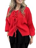 Acrawnni Damen Y2K Strickjacke mit Schnürung vorne und Schleife, einfarbig, V-Ausschnitt, Grobstrick, lange Puffärmel, lockere Strickware, B-Rot, S