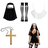 Nonnenkostüm Damen, Sexy Nonnen Kostüm Frauen, Halloween Nonnen Kostüm 4-teilig mit Kopfbedeckung, Halskette, Socken, Perfektes Outfit für Faschingskostüme Damen, Cosplay, Religiöse Rollenspiele