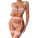 Satohom Damen Sexy Dessous-Set 4-teilig aus Herzstickerei Bügel BH und Höschen mit Strumpfhalter Beinringe Unterwäsche Set Frecher Halbe Tasse BH Transparent Floral Tanga Reizwäsche, S-XL