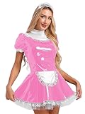 Jhaoyu Damen PVC Maid Kleid Outfits Sissy Maid hochglänzend Sklavenkleid mit Rüschen französische Dienstmädchen Cosplay Kostüme Faschingskostüme Rosa XL