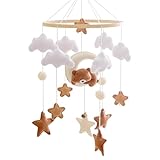 Mobile Babybett, Mobile Baby Windspiele mit 3D Bär Mond Wolken Sterne Glocke, Kinderzimmer Hängende Bettglocke, Handgefertigt Bambus Filz Mobile Baby, Neugeborene Geschenk Junge Mädchen Baby (Braun)