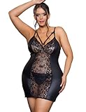 ohyeahlady Lederkleid Damen Elegant Dessous Sexy Unterwäsche Curvy XXL Wetlook Kleid Kurz Partykleid Große Größen Minikleid Transparent Party Clubwear Mollige V-Ausschnitt Reizwäsche Schwarz