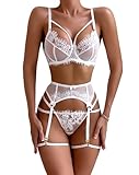 EVELIFE Damen Dessous Set mit Strumpfgürtel Sexy Spitze Unterwäsche 4-teilig Hohe Taille Strapsen Dessous ohne Strümpfe (Weiß,46)
