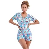 FYMNSI Damen ABDL Body Nette Einteiler Bodysuit Baumwolle Kurzarm T-Shirt Unterhemd Druckknöpfe vorne Karikatur Druck Jumpsuit Playsuit Unterwäsche Nachthemd Pyjamas Nachtwäsche Blau Schmetterling M