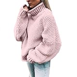 Strickpullover Damenpullover Langarm,Damen Rollkragen Pullover Oversized Winter Langarm Strickpullover Rollkragenpullover Casual Warm Pulli Lose Gestrickt Elegant Sweater Sweatshirt Rosa S