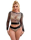 Reizwäsche für sex Damen Sexy Oberteil Erotisch Fishnet Unterwäsche Dessous Set Durchsichtig Bodystockings Hohe Elastizität Bodysuit Lingerie Clubwear Curvy Langarm Große Größen(Schwarz,L-XXL)