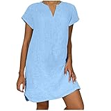 Leinenkleid Damen Kurzarm Sommerkleid Knielang Schlanke Leinenkleider Casual Blusenkleid Baumwolle Leinen Freizeitkleid V-Ausschnitt Strandkleider A-Linie Kleid Luftige Leinen Kleidung