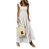 SYSZSYHD Retro-Kariertes, gesmoktes Brustkleid für Damen, Langes Maxikleid mit Volants und Spaghettiträgern, Sommerliches, gesmoktes Freizeitkleid (A,S)