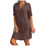 Leinenkleid Damen Sommer - Sommerkleid Knielang Tshirt Kleid Große Größen Blusenkleid mit Knöpfen V-Ausschnitt Revers Baumwolle Leinen Einfarbige Vintage Kleider Hemdkleid Shirtkleid