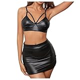 HOTSO Frau Sexy Strapsen Dessous Set, Latex Negligee Hot Leder Outfit PU Lackleder Korsettkleid Top und Rock Set Tiefes V Leotard Überkreuzte Schultergurte für Damen Paare Outfit (Schwarz 2, L)