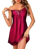 Lovasy Satin Nachthemd Damen Sexy Kurz Negligee Babydoll mit Verstellbaren Spaghettiträger V Ausschnitt Spitze Nachtkleid,Violett Rot,S