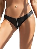 ohyeahlady PU Leder String Tanga für Frauen mit Reißverschluss Übergroße Schwarz Sexy Unterhosen Hotpants Shorts Rave Höschen Wetlook Slip Niedrige Taille Unterwäsche Micro String Mini Panties S