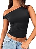 ROFUSSO Damen Schulterfrei Oberteil One Shoulder Top Sommer Crop Tank Top Ärmellos Slim Enge Shirts Y2K Tops(Schwarz,S)