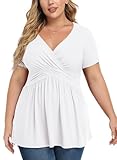 TIANZHU Plus Size Tunika Tops für Frauen Leichte V-Ausschnitt Kurzarm Babypuppen Tops mit Empire Taille Freizeitarbeit Bluse, Weiß, XXL