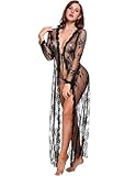 VicSec Damen Robe Spitze Sexy Dessous Kimono Transparent Robe durchsichtiges Kleid Nachthemd Nachtwäsche mit langen Ärmeln zu Hause Badeanzug-Abdeckung Unterwäsche Negligee (Schwarz, L)